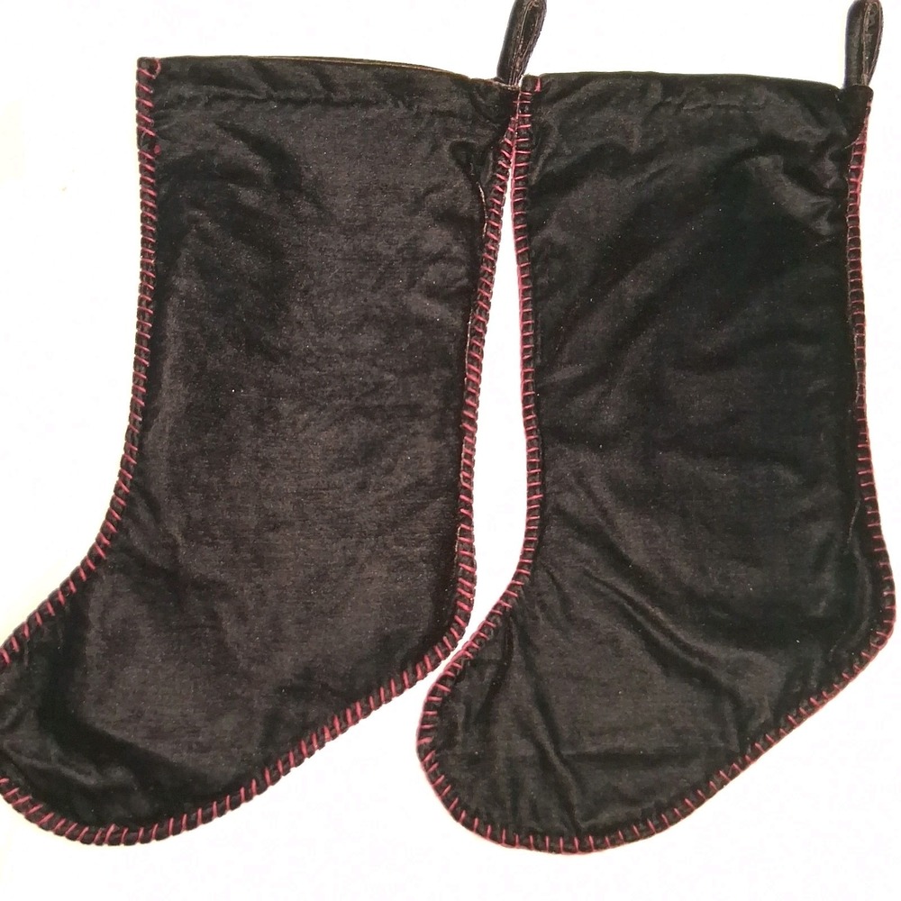 Set Of 2 Folk Art Country Christmas Stockings Black Velvet Deer Log Cabin - Picture 4 of 4